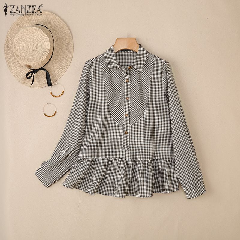 ZANZEA Dámská ležérní halenka s límečkem, kostkovaným potiskem, volným střihem a dlouhým rukávem