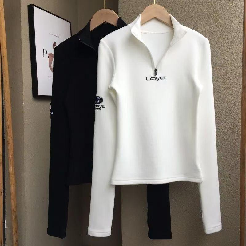 Women's Long-Sleeve T-Shirt Fall Sexy Slim Fit Stand Collar Zipper Double-Sided Fleece Base Shirt