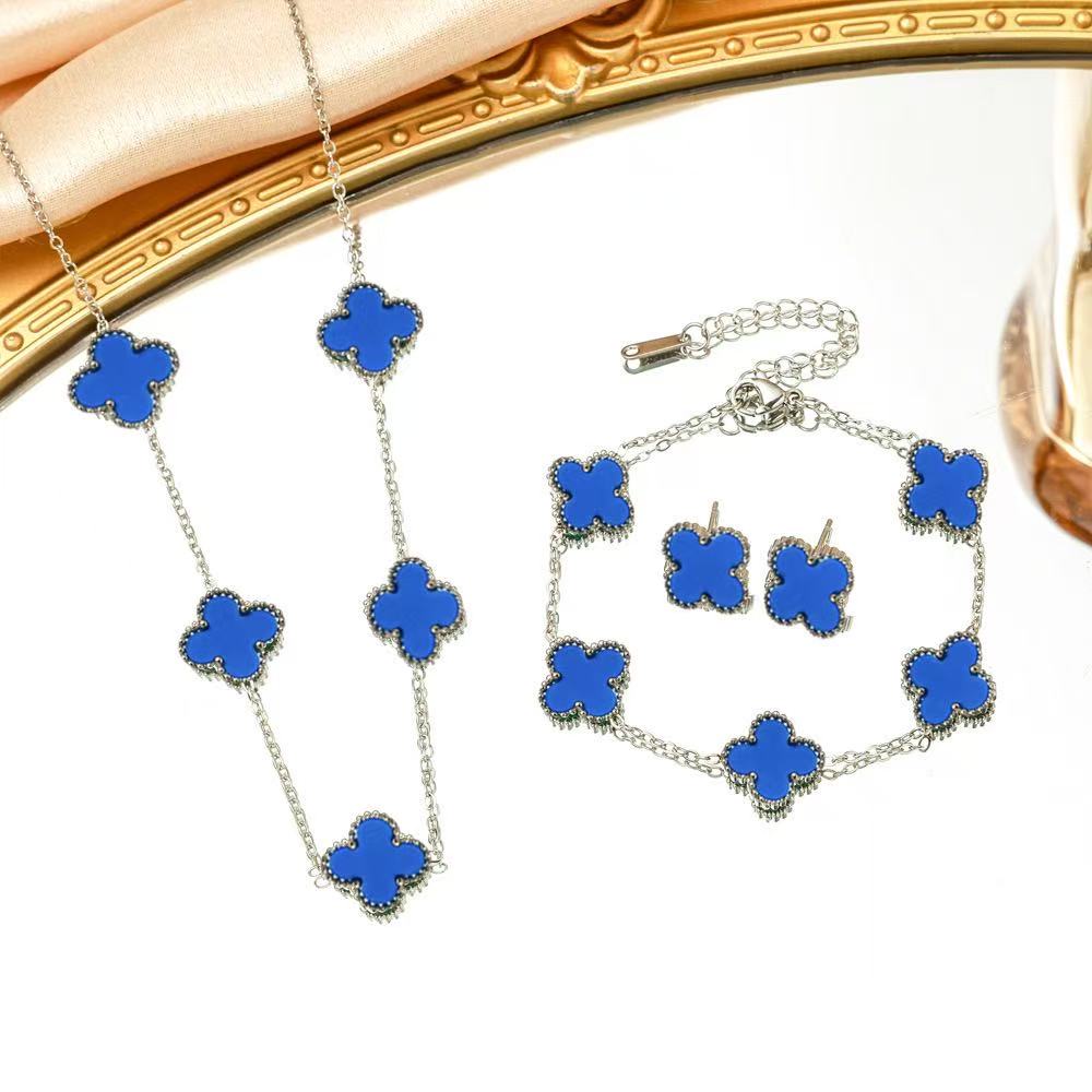 3PCS Titanium Steel Non Fading Double-sided Clover Necklace Bracelet Earring Set