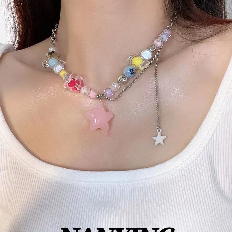 Color Candy Beaded Necklace Girl Sweet Girl Pink Star Love Pendant Collarbone Chain New
