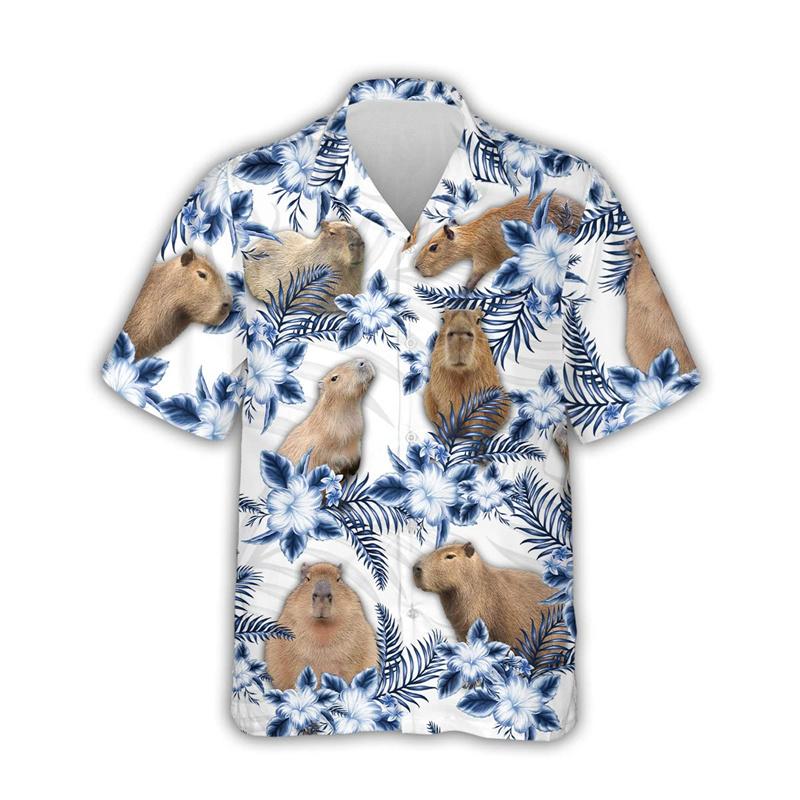 2024 Kawaii Capybara Graphic Shirts For Men Clothing 3D Print Hawaiian Beach Shirt Short Sleeve Y2k Cute Kids Tops Lapel Blouse