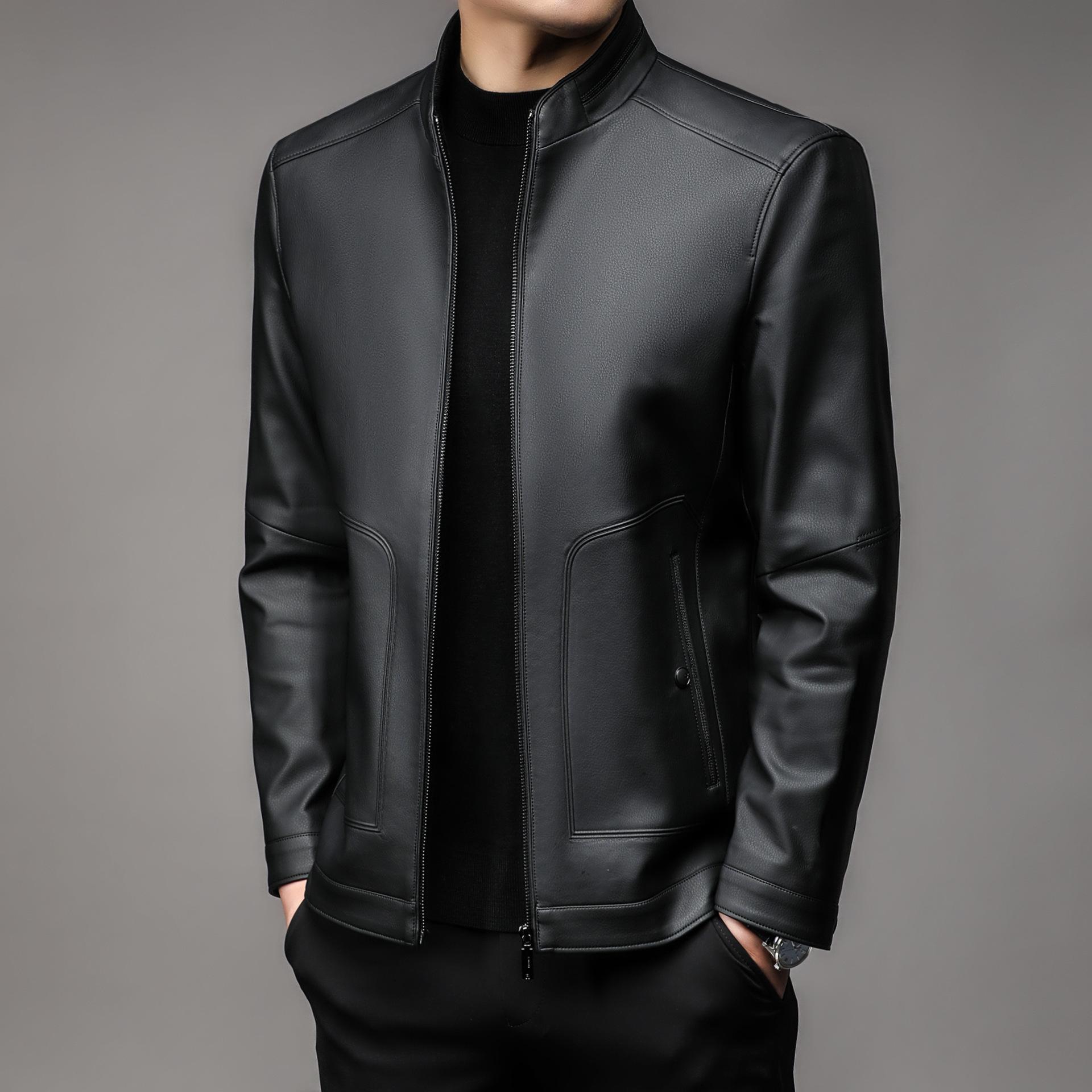 Осенняя флисовая кожаная куртка для мужчин среднего возраста больших размеров с отворотами — фото 5