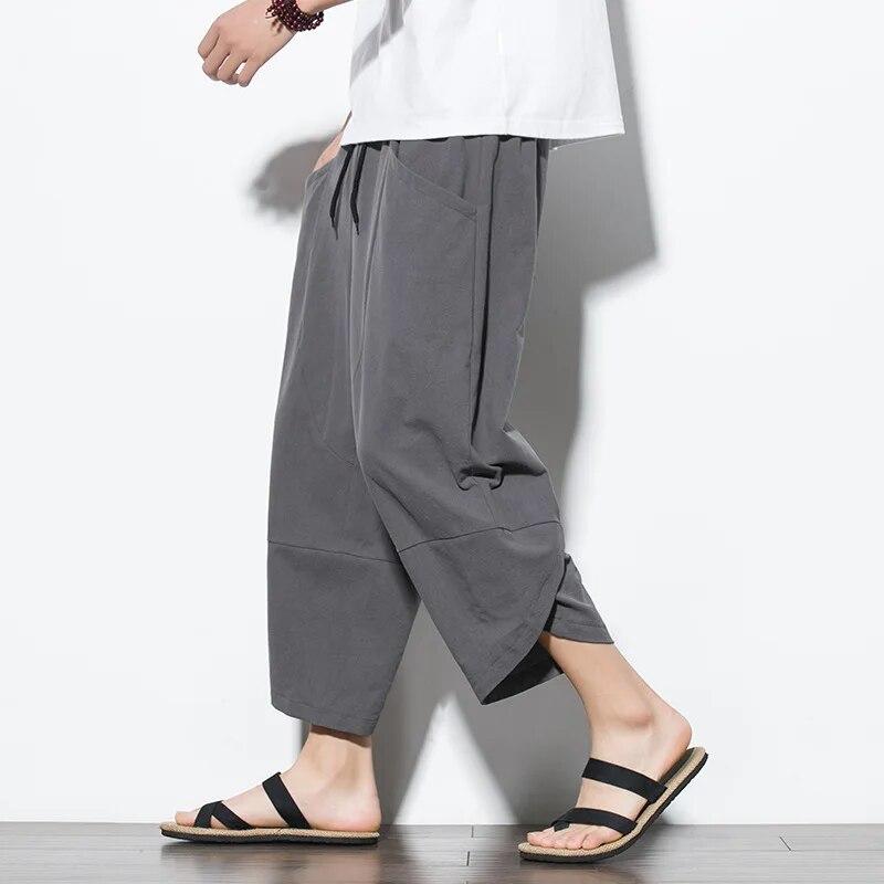 Linen Pants for Men Baggy Large Pocket Cropped Oversize Trousers Loose Harem Casual Pants Male