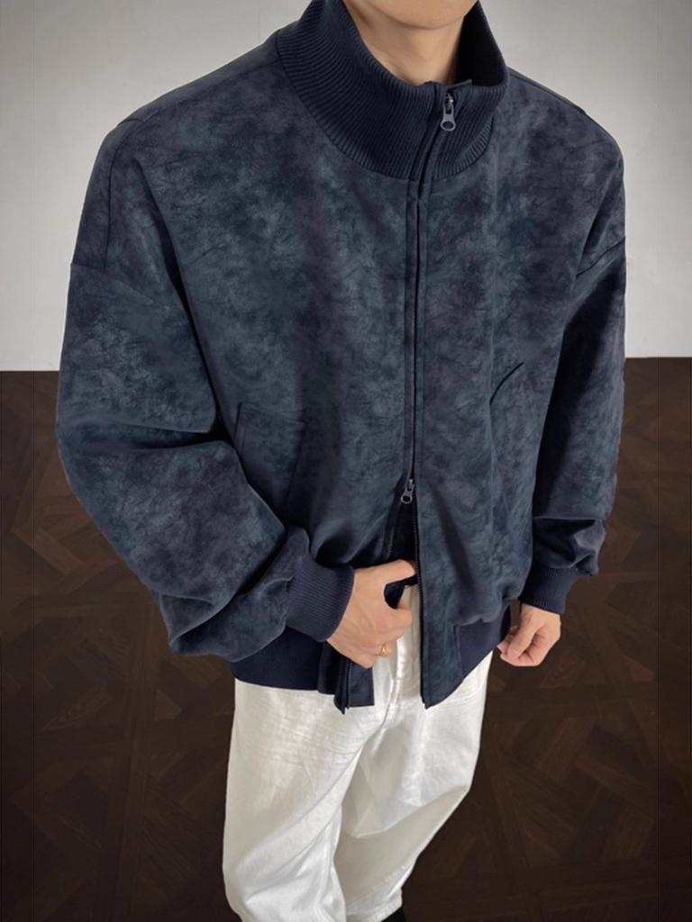 Men's Tie-Dye Leather Bomber Jacket with Stand-Up Collar - Trendy Autumn Heavyweight Outerwear