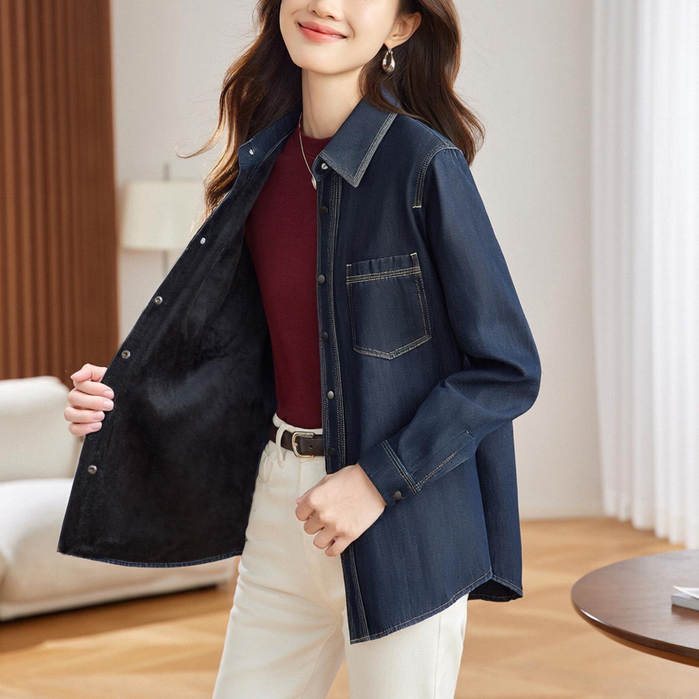 Women s Velvet-Lined Denim Shirt Jacket - Spring 2026 Topstitch Design L