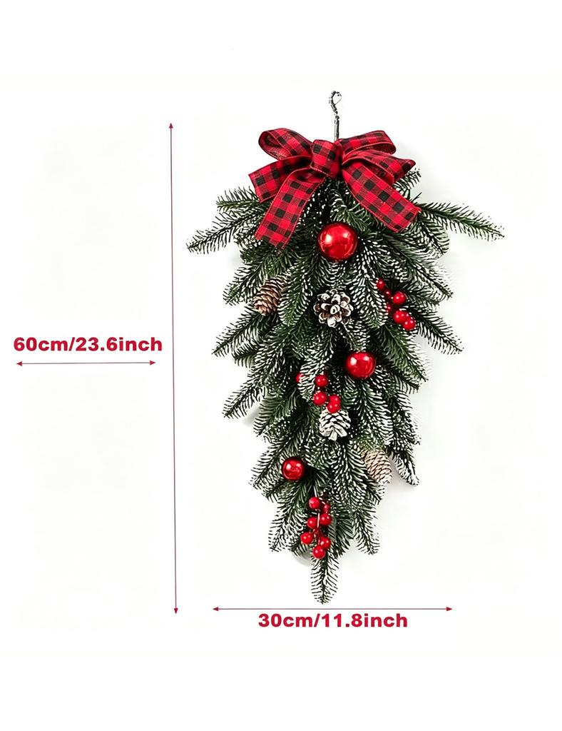 Set of 1, 60cm Christmas Pinecone Red Berry Pendant Decoration, Christmas Wreath Pine Needle Inverted Tree Decoration