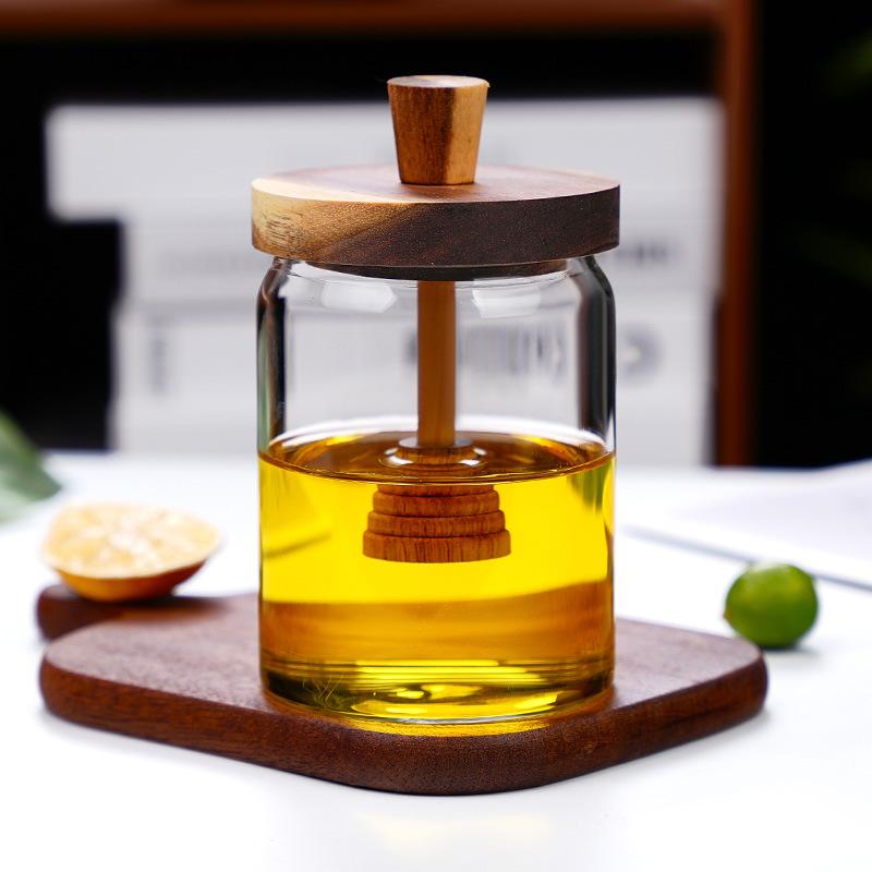 New household thickened honey storage tank with stirring stick Acacia wood cover transparent glass food sealed jar