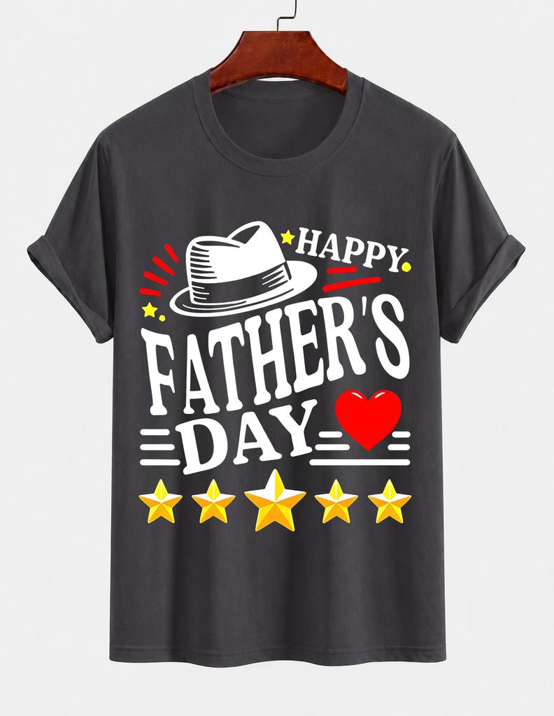 2026 New Cotton Tshirt Happy Fathers Day Dad Theme Print Crew Neck Short Sleeve Casual Top