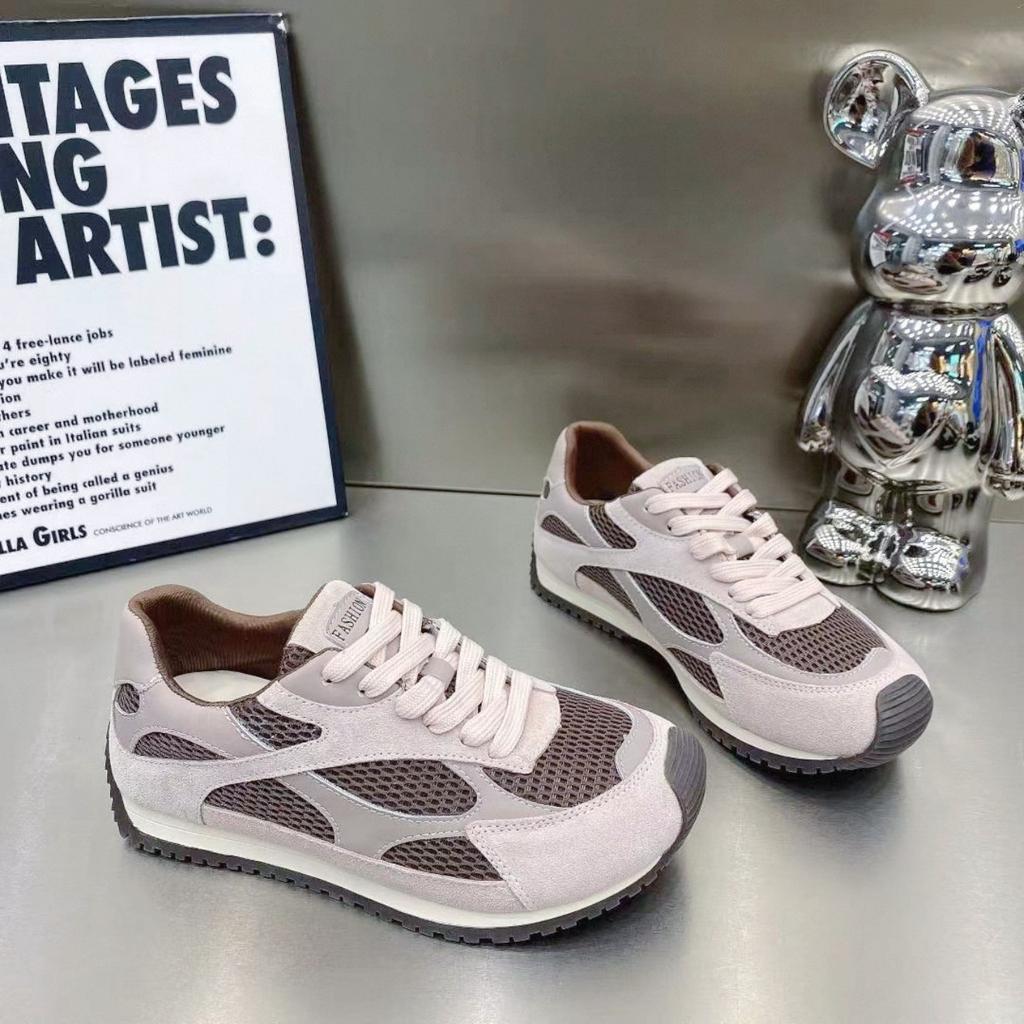 2025 Early Autumn New Leather Mesh Platform Dad Shoes Women's Versatile Casual Sports Shoes Breathable Mesh Shoes
