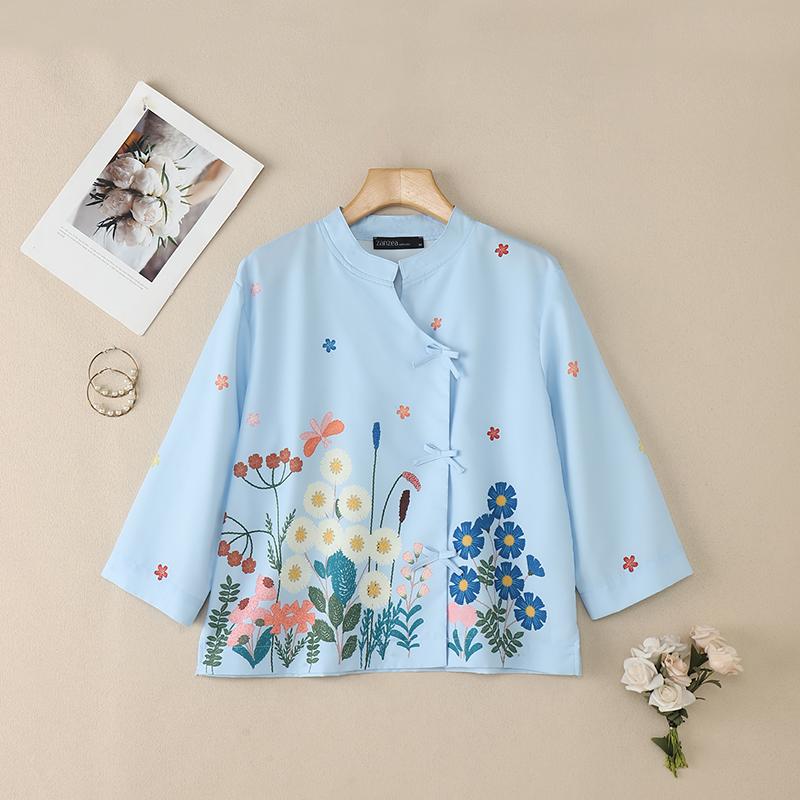 ZANZEA Women Summer Round Neck Long Sleeve Loose Floral Blouse