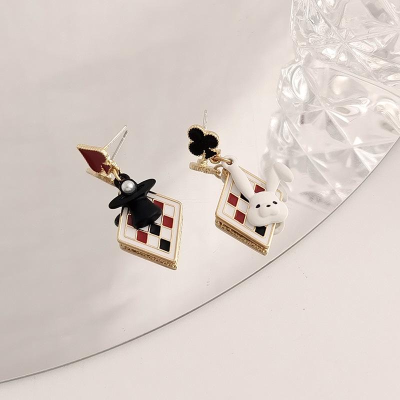 Sweet Temperament Splicing Color Rabbit Earrings For Women Fashion Asymmetric Animal Poker Dangle Earrings Jewelry Accessories