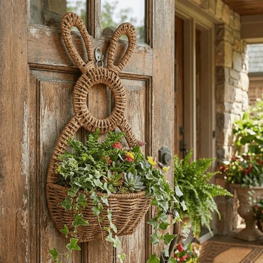 Hand Woven Easter Bunny Basket Natural Willow Gift Holder Easter Wall Pocket Cute Rabbit Handmade Plant Hanging Basket