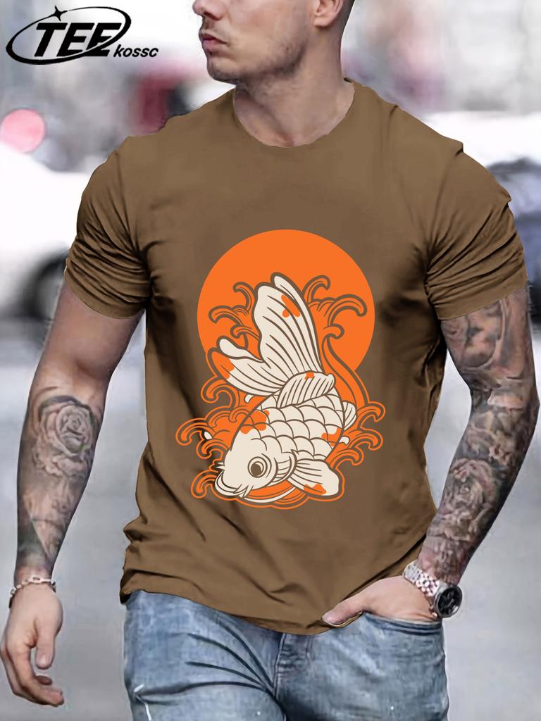 Japanese Harajuku Sunset Koi Men T Shirts Casual Hip Hop Tops Multicolor Cotton TShirt Summer Loose Male Crewneck Short Sleeve
