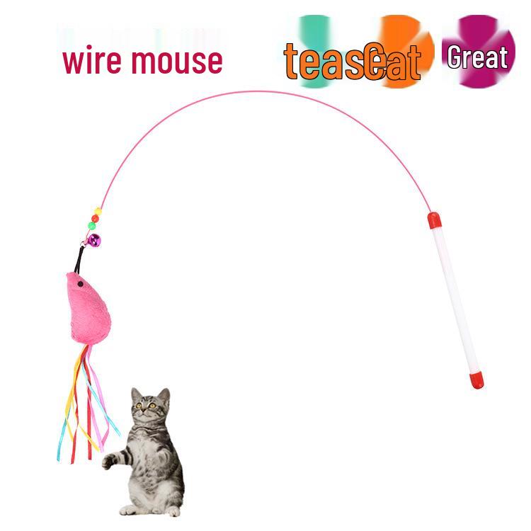 Linen Mouse Cat Teaser Wand with Bell - Boredom Relief Toy for Cats