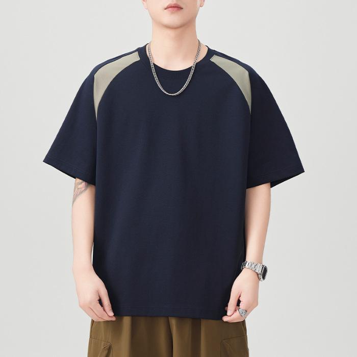 New Summer Round Neck Splicing Color-blocking Short-sleeved T-shirt for Men's Loose Japanese Five-point Sleeve T-shirt for Men