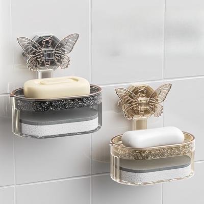 Light Luxury Butterfly Suction Cup Soap Box Shelf Wall-mounted Draining Sponge Soap Box for Home Bathroom Without Drilling