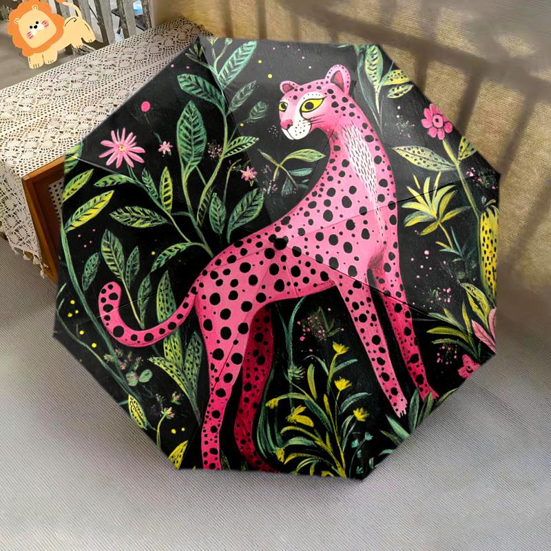 1 PC Automatic Folding Umbrella - Pink Leopard Pattern, Portable & Foldable Design with 8 Ribs, Christmas Birthday Gifts