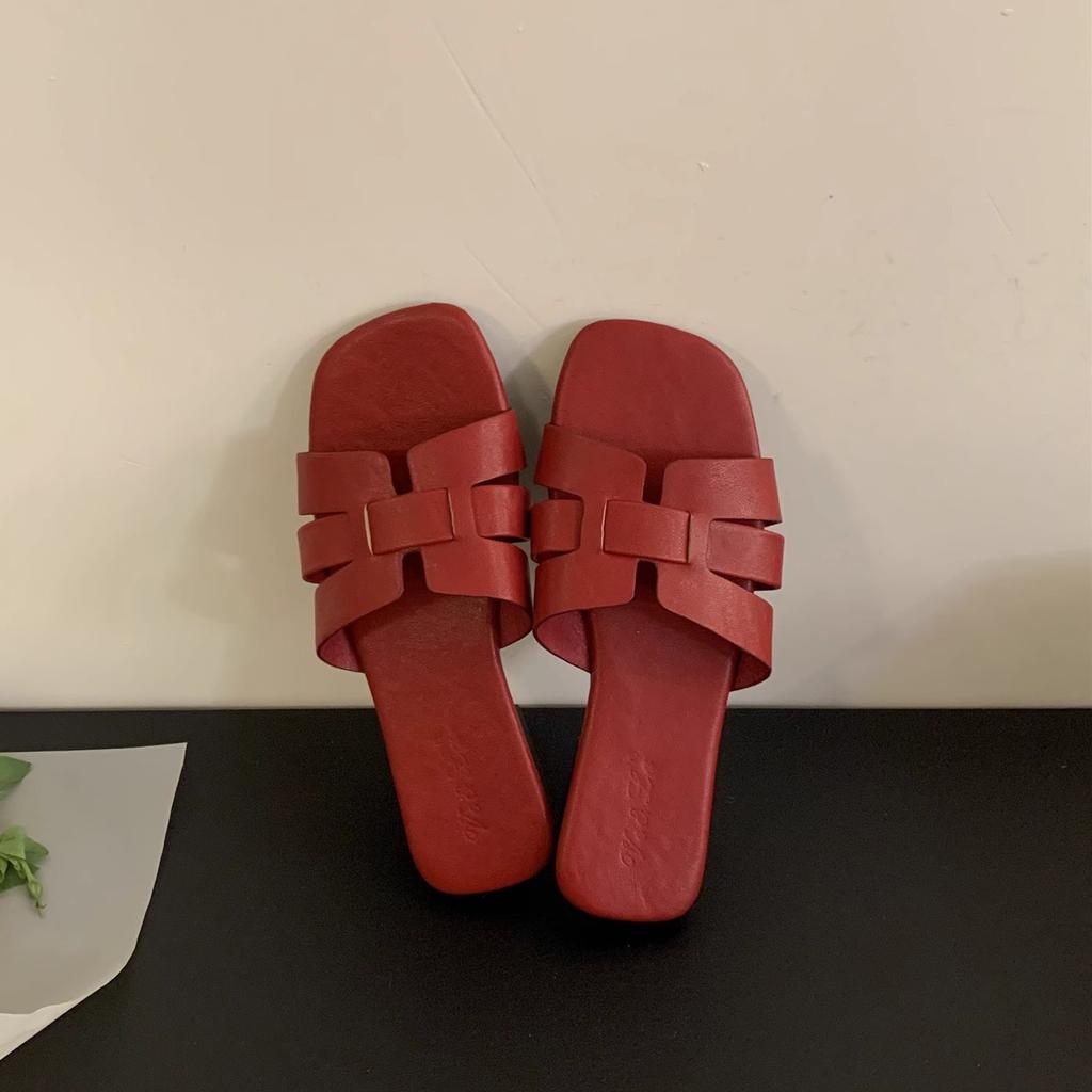 H slippers women's outer wear summer new casual soft flat-bottomed French sandals one-word drag seaside vacation beach sandals