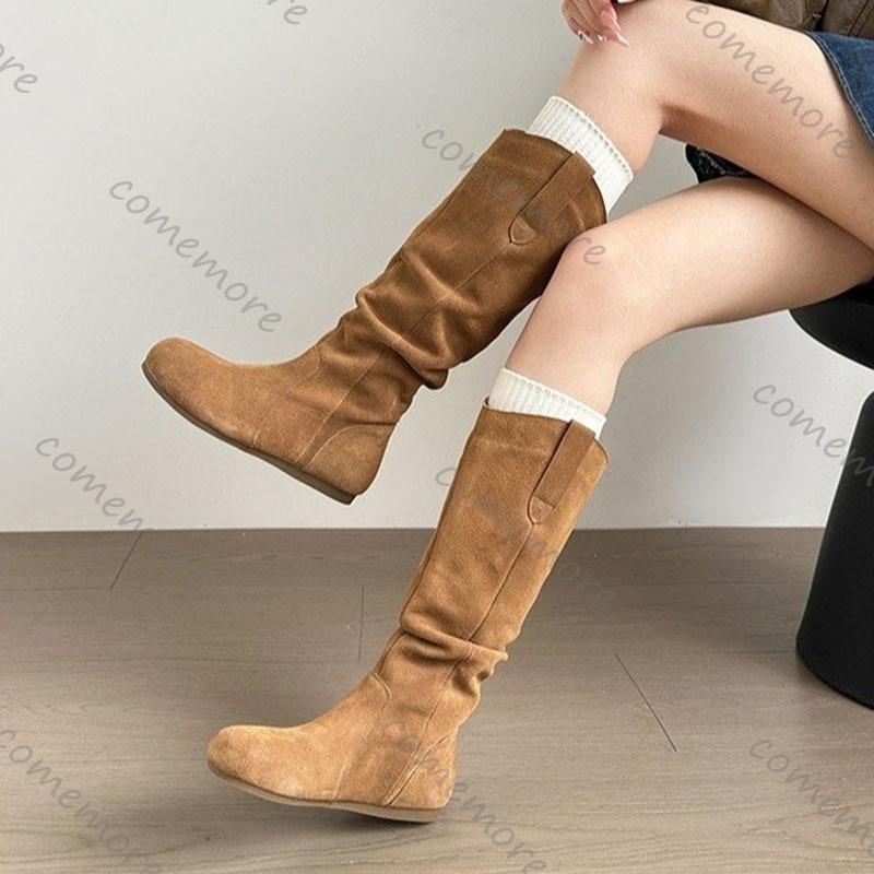 Comemore Stacked Long Boots New Round Head Pleated Flat Bottom Casual Women Autumn Shoes Suede Slip on Knee-high Botas Female
