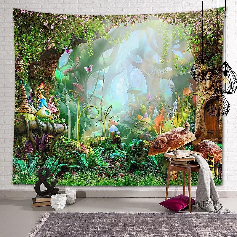 New Landscape Tapestry Tree Hole Window Beautiful Wall Cloth Green Forest  Background Painting