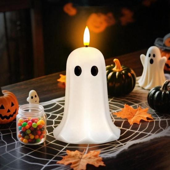 Realistic Wax Ghost Candle Halloween Flameless Candles, Battery Operated LED Flickering Light, Real Bedroom Nightstand Ornament Cute 3D Pillar