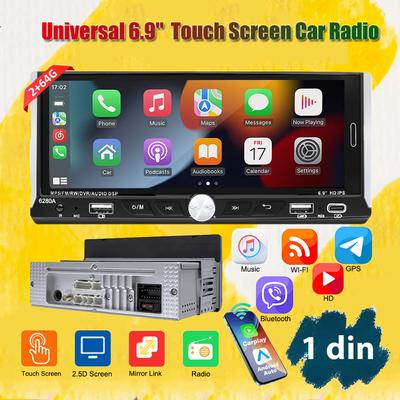 6.9'' Touch Screen 1Din Universal Car Radio Wireless Carplay Android Auto Smart Multimedia Player Wifi Navigation GPS FM Stereo