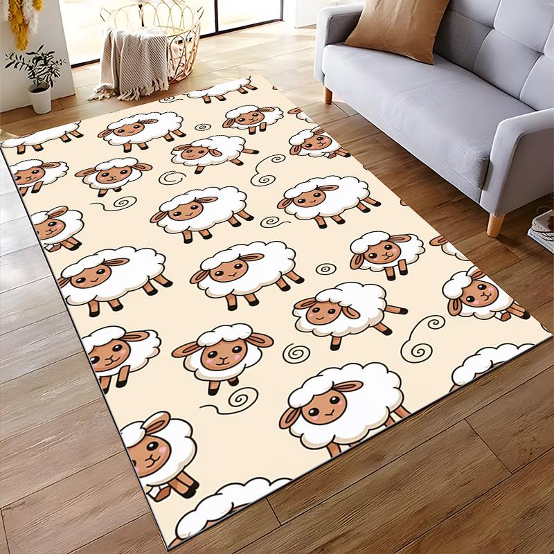 Cute Cartoon Sheep Pattern Beige Rug, Non-slip rug suitable for living room and bedroom sofas.