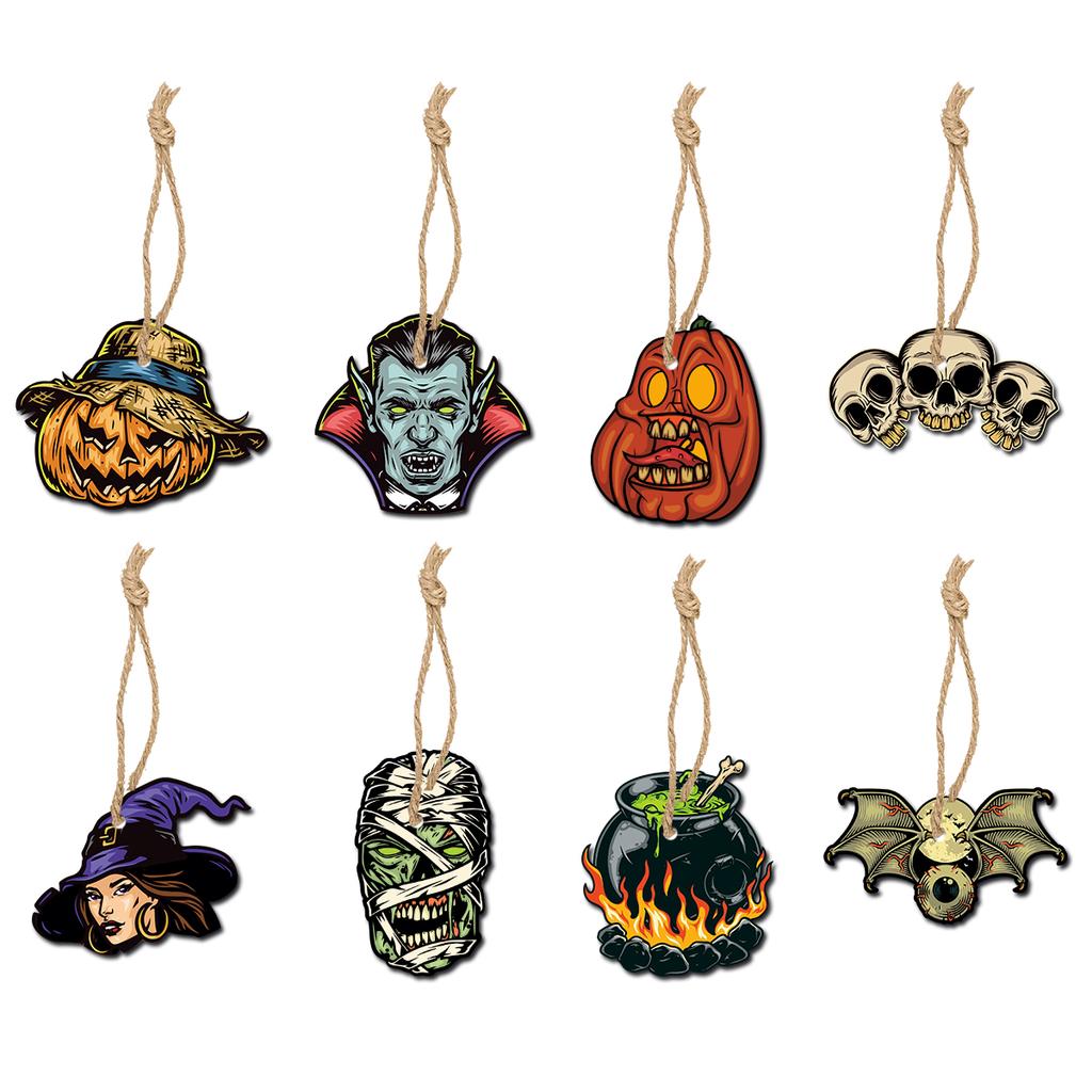 8pcs Vintage Halloween Tree Ornament Decorations Horror Pumpkin Witch skull pendant Hanging Tag for Halloween Party home Decor