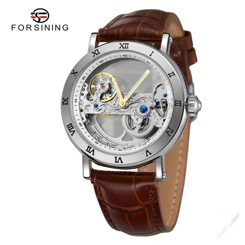 Forsining New Fashion Transparent Skeleton Mechanical Watch Men Leather Waterproof Luminous Hands Steampunk Automatic Watches