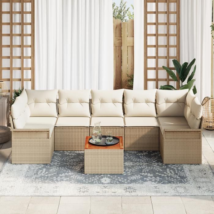 VidaXL Ensemble de canapé de jardin 8 pièces avec coussins Beige Poly Rattan Acacia 3347295