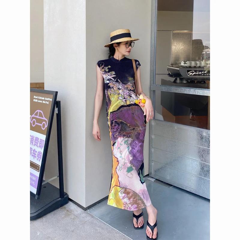 Женское Ципао Ципао Без рукавов С воротником-стойкой Цветочный принт Ретро Элегантное Макси-платье OneSize чёрный