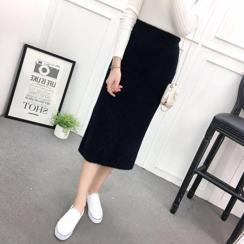 

Зимняя миди-юбка из искусственного норкового бархата 2022 года с разрезом и кружевной отделкой L (100-115 kg)