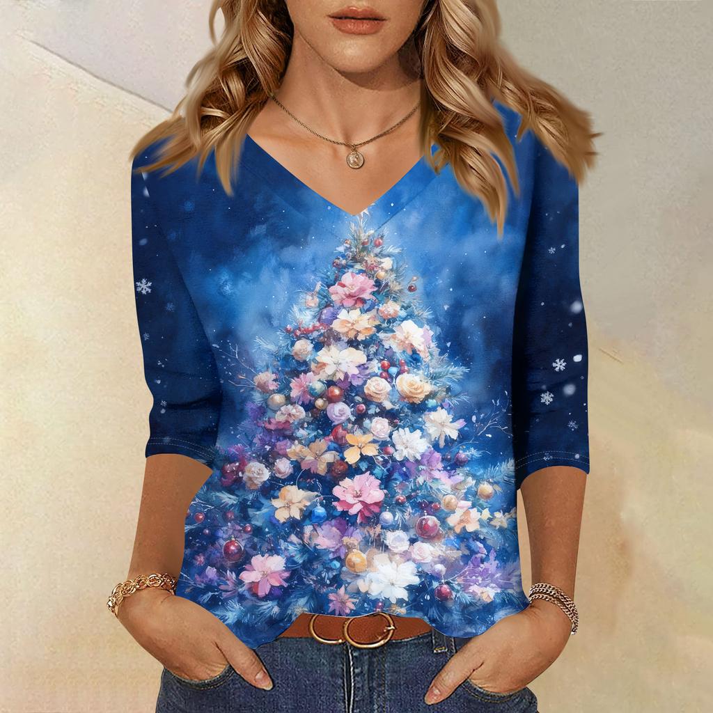 3/4 Sleeve Shirts For Women Print Christmas Tees Blouses Casual Plus Size Basic Tops Pullover