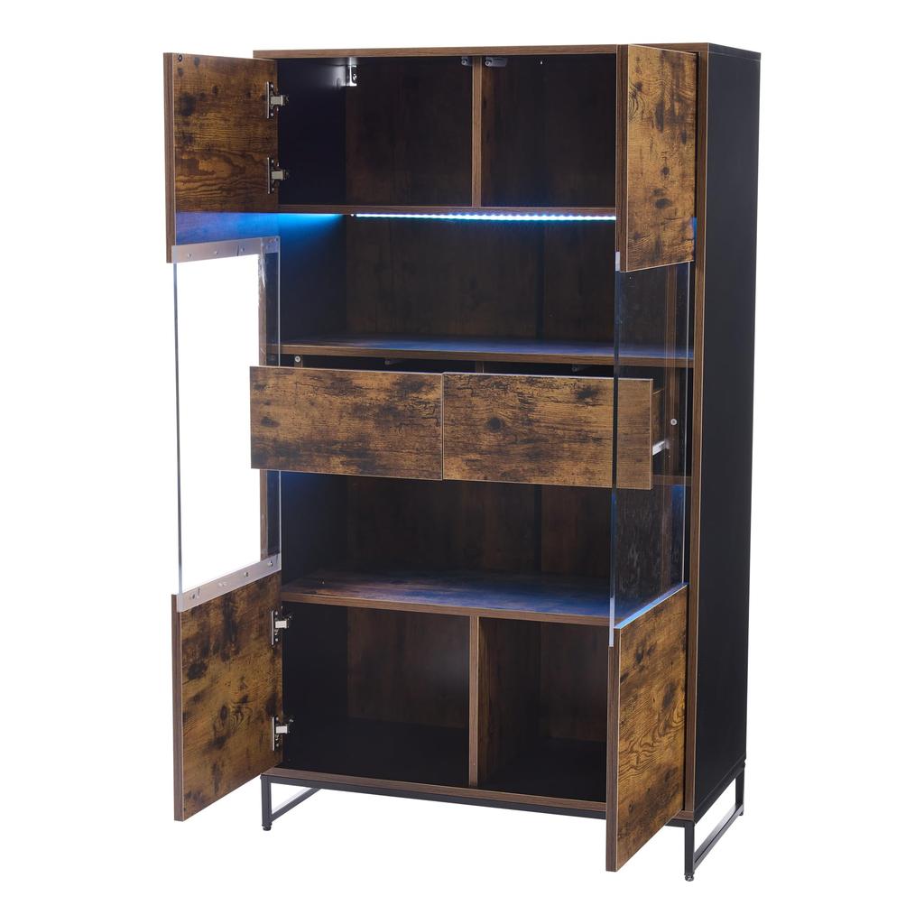 Transparent Display Cabinet Bookcase 2 Doors & 2 Drawers, Highboard Display Cabinet Wine Cabinets Living Room Dining Room Office, Vintage Brown