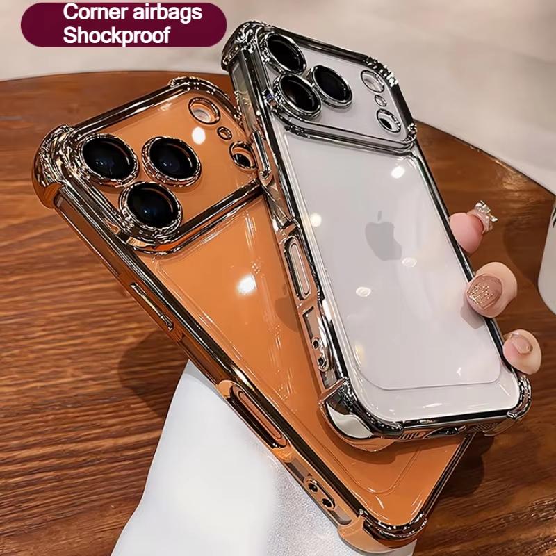 Electroplated Transparent Phone Case For iPhone 17 Air 16 e 15 14 13 12 11 Pro Max Plus Mini Full Lens Protection Airbag Cover