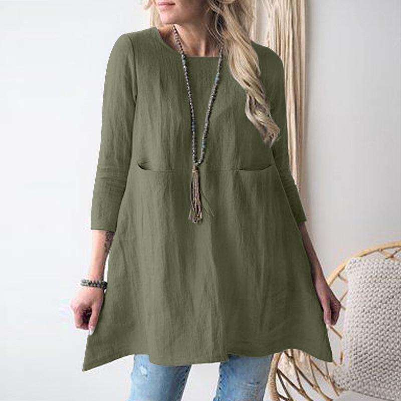 European and American Loose Round Neck Cotton Linen Women's Dress, Three-Quarter Sleeves (2023)