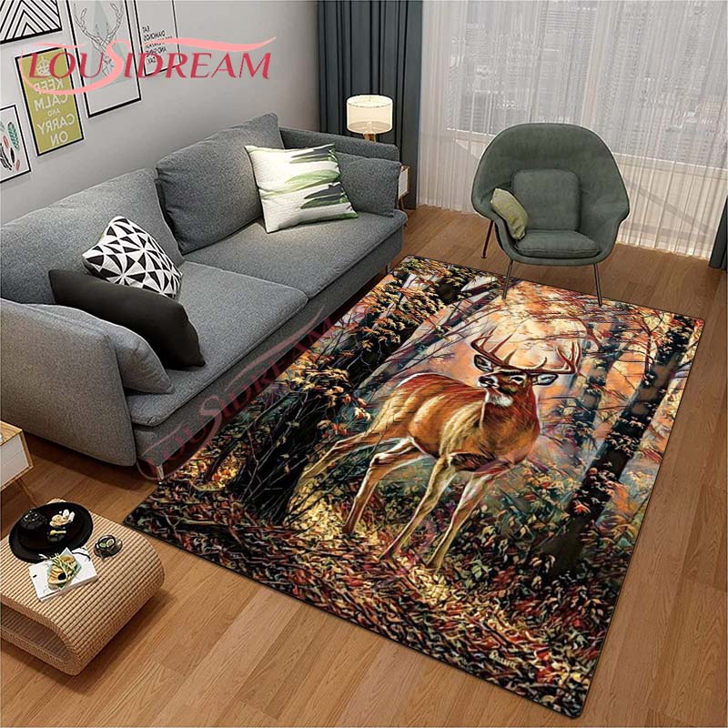 3D Cartoon Deer Rug Wildlife Mountain Landscape with Forest Carpet for Home Living Room Elk Carpet for Laundry Kids Play Carpets