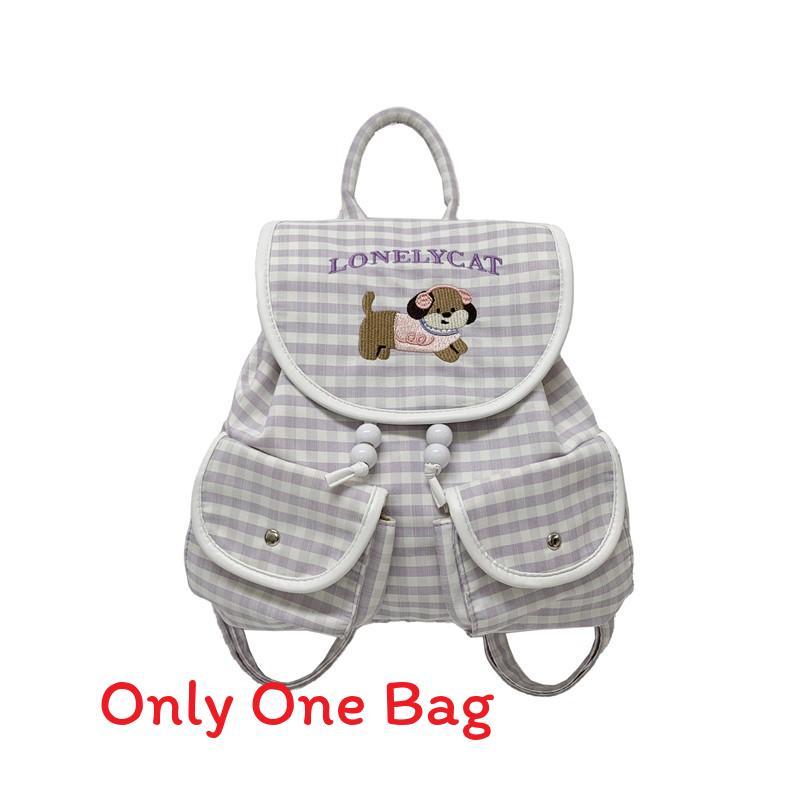 Letter Small Dog Embroidered Checkered Pattern Cartoon Backpack For Daily Use