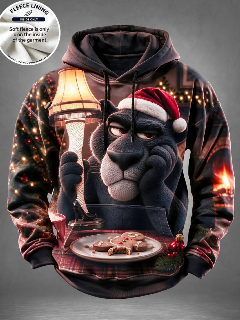 Men Fleece Lined Hoodie Santa Beer Christmas Tree Print Pullover Hooded Sweatshirt Holiday Hoody