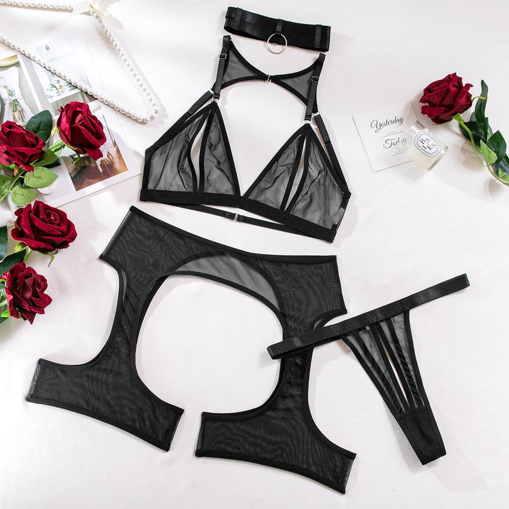 Sexy Mesh Hollow-Out Lingerie 4Pcs Sets See-Through Open Crotch Low-Cut Backless Erotic Intimate Set Sensual Tempt Onlyfans Kit