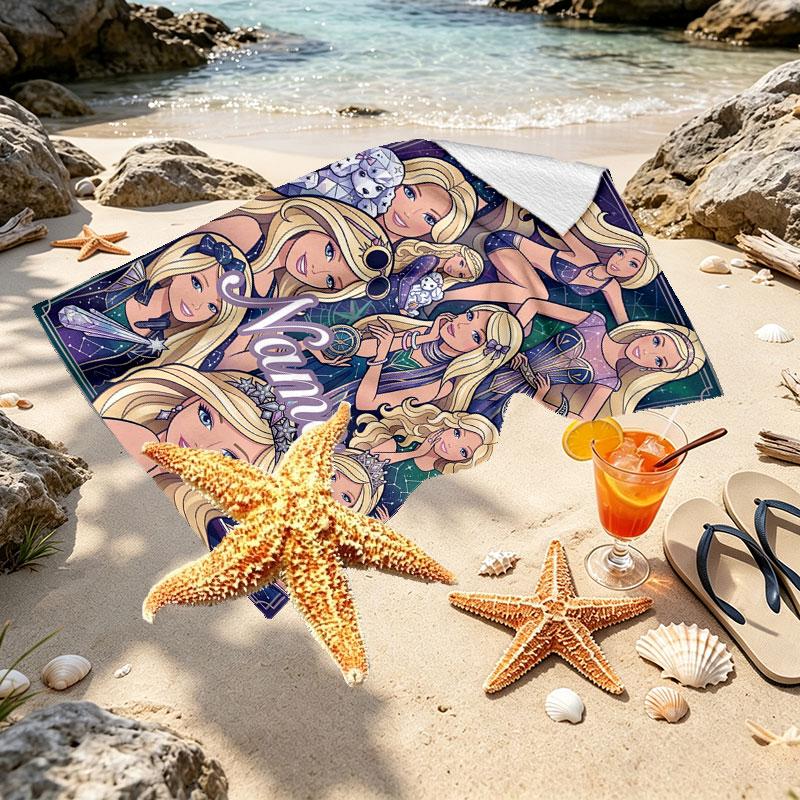 Custom Name Personalized Barbie Print Beach Towel, for Trip Camping Beach Party Home Decor, Birthday Gift for Family & Friends