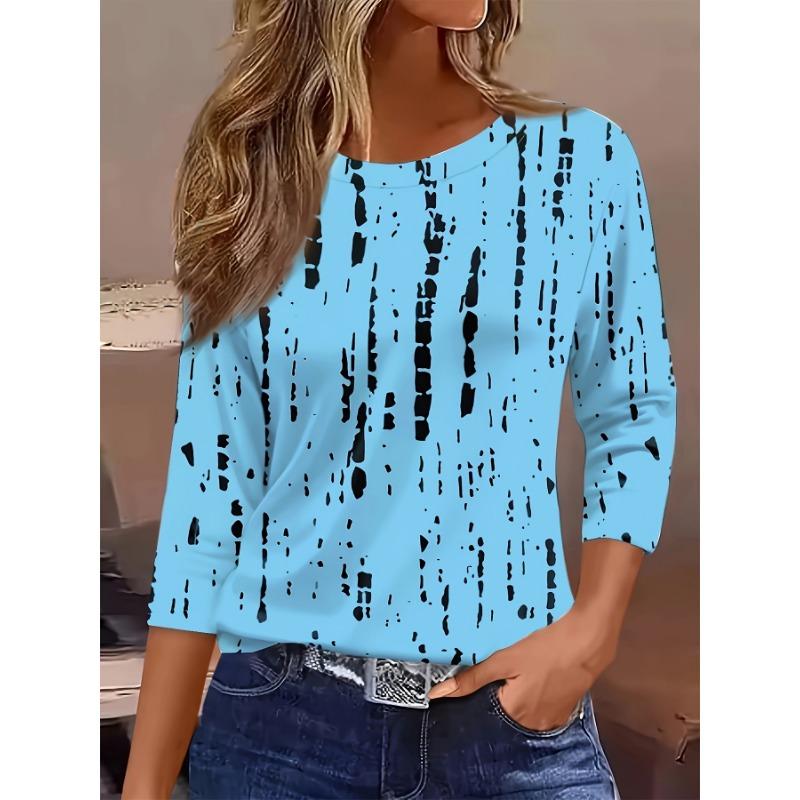 

Жіноча футболка 3D проста однотонна смугастий принт модна з довгим рукавом круглий виріз звичайний топ святковий вихідний весна та осінь L