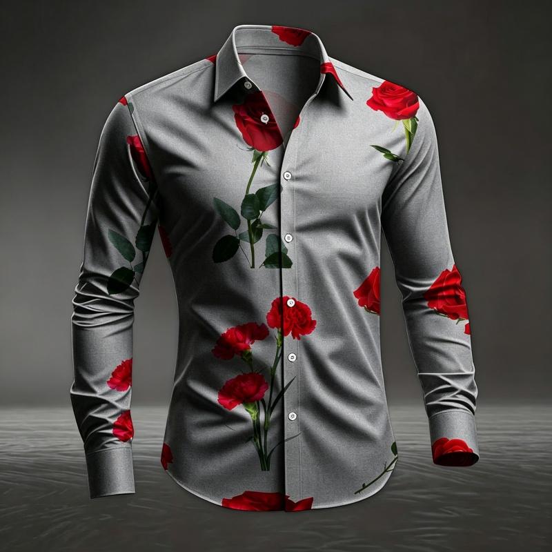 Men's Red Rose Printed Long Sleeved Shirt with White Casual Button Up Top for Romantic Occasions