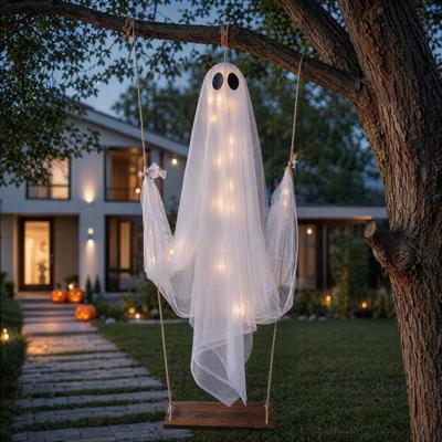 Halloween Ghost Decoration, Large Hanging Swing Ghost with LED String Lights, Battery Powered Ghost Figure for Outdoor Indoor Halloween Party Yard