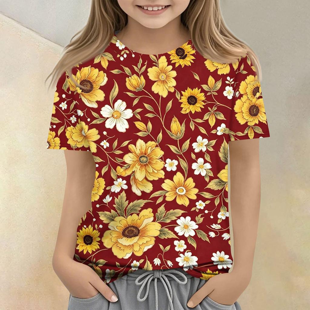 Girls Floral Print Casual Loose Fit Short Sleeve T Shirt Crew Neck Comfortable Everyday Wear Top for Kids