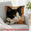 2D Flat Printing, 1pc, Black and White Cat Face with Golden Eyes Against Floral Pattern, Pillow Cover, Polyester, Perfect for Decorating Sofas and Bed
