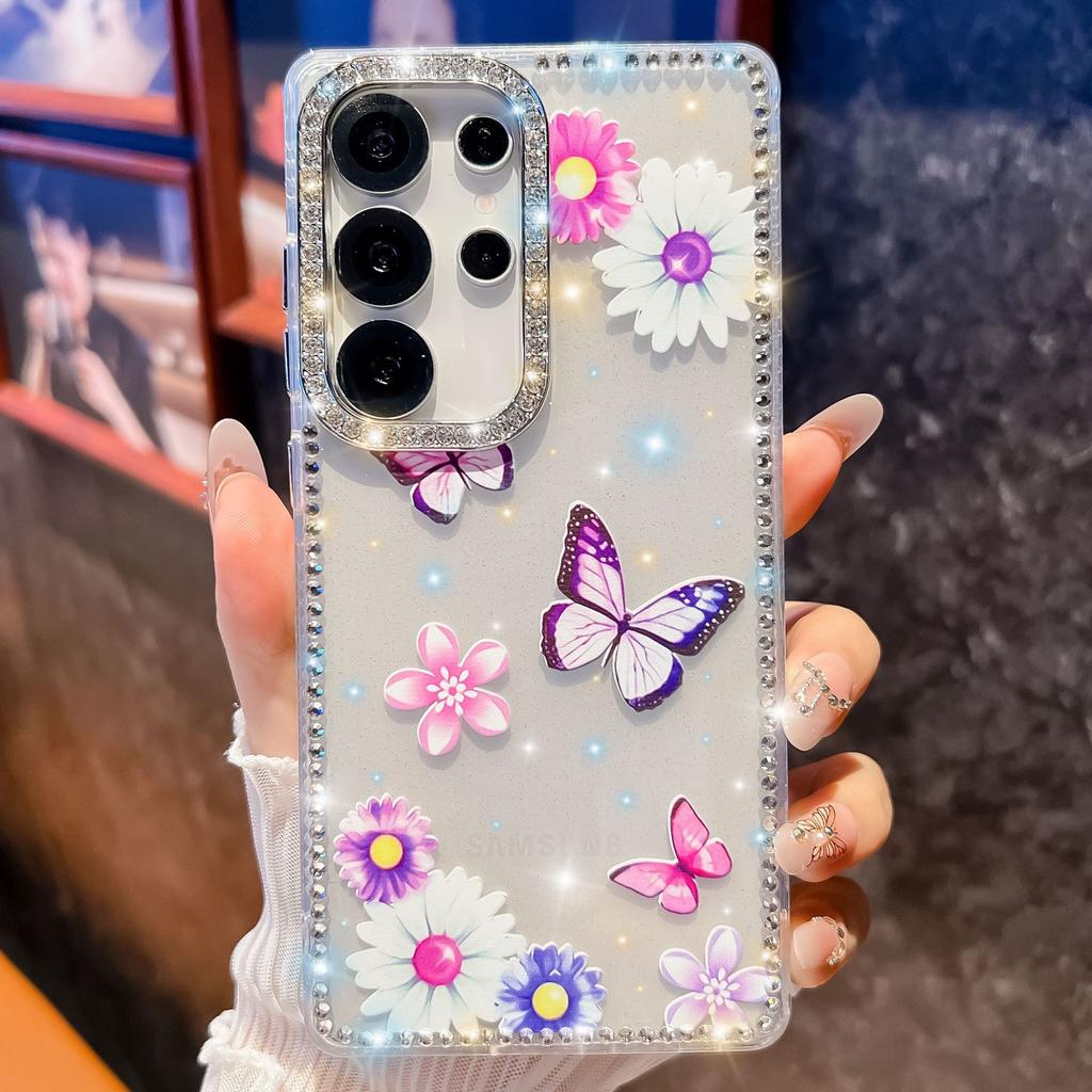 Samsung S25Ultra Mobile Phone Case Flash Drill S24FE Butterfly Mirror Bracket A56 Protective Cover