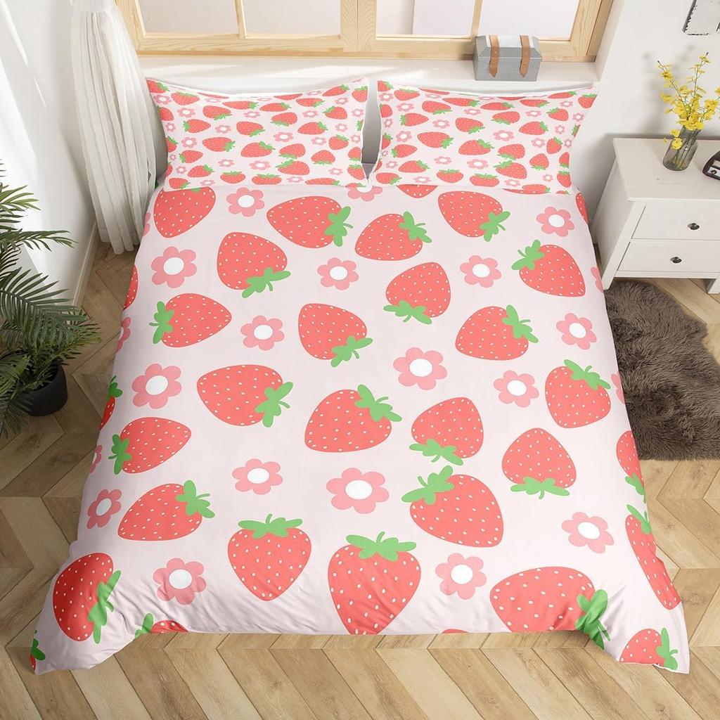 Cute Strawberry Duvet Cover Full King,Flower Leaves Tropical Fruit Bedding Set,Garden Rustic Plants Watercolor Chic Quilt Cover