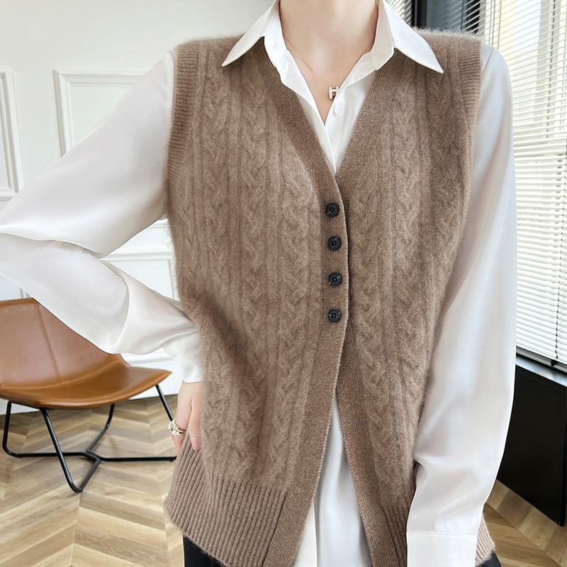 

Женский вязаный жилет из кашемира и шерсти: Осенне-зимний свободный многослойный кардиган с переплетенным узором M верблюд