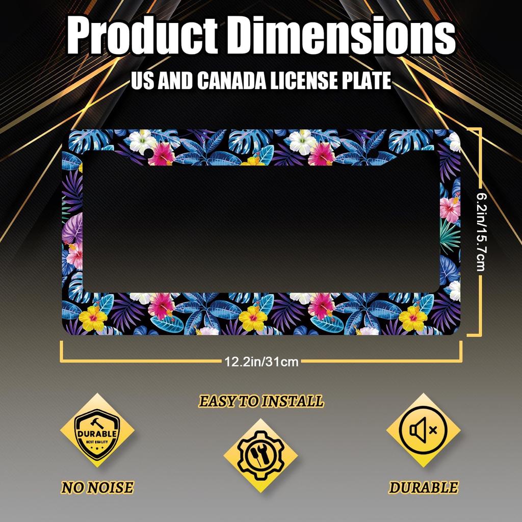 Hibiscus License Plate Frame Beautiful Tropical Flowers Floral License Plate Holder Colorful Stainless Steel Auto Parts Funny License Plate